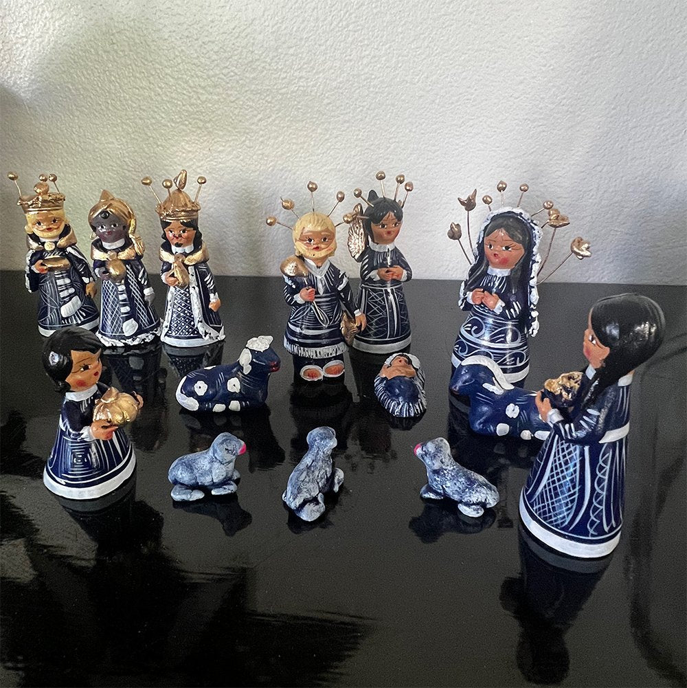 14 Figurines Clay Nativity Set Navy Blue image 2