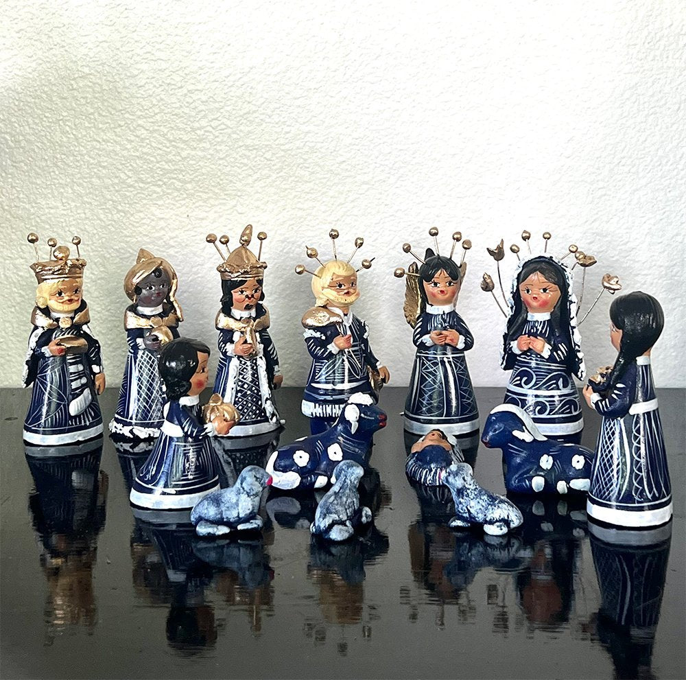 14 Figurines Clay Nativity Set Navy Blue image 1